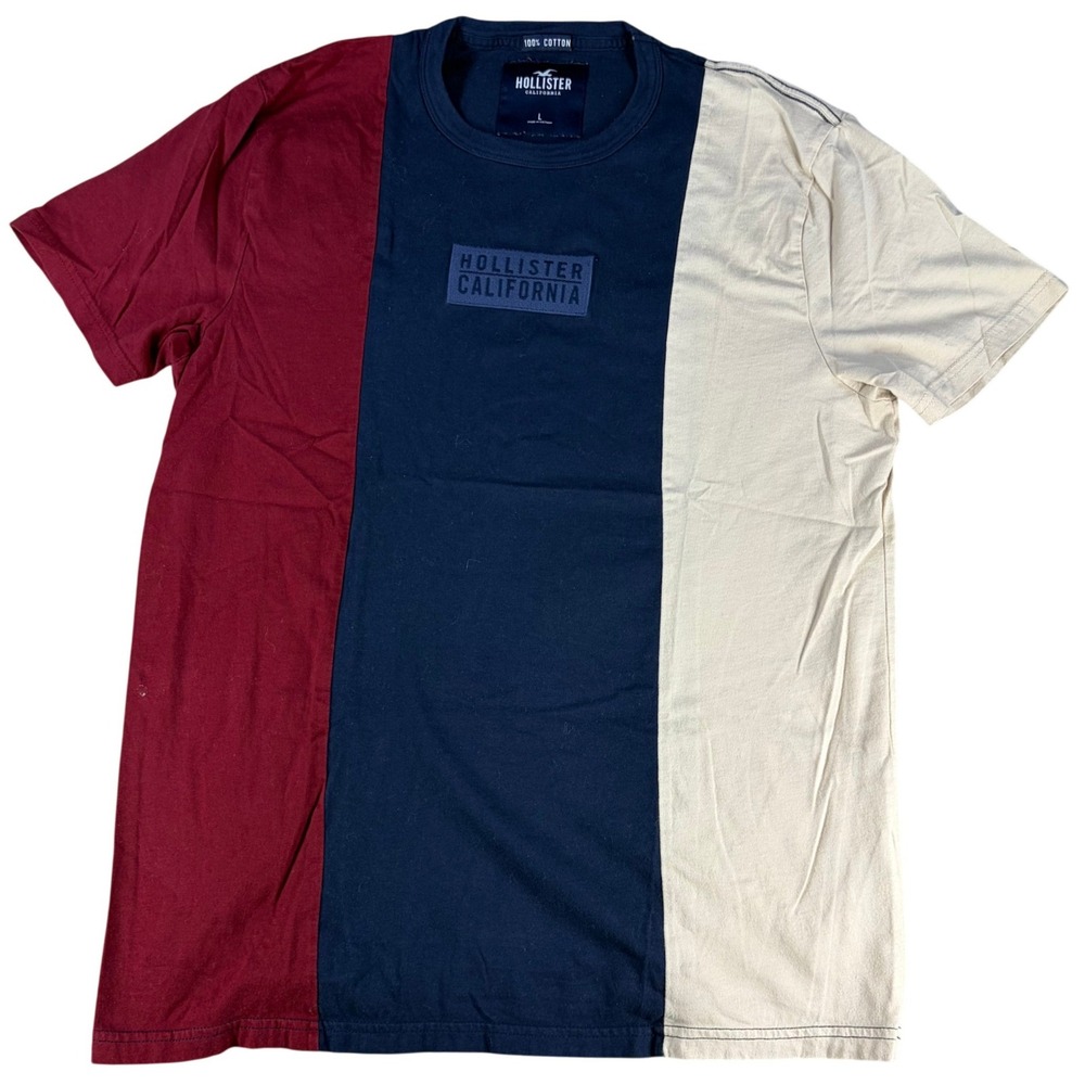 Hollister Men's Large Red Navy Cream Colorblock Logo T-Shirt 100% Cotton
